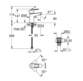 Однорычажный смеситель для раковины Grohe BauLoop New S-Size + нажимной донный клапан (23878001)