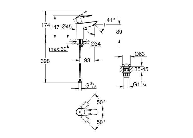 Однорычажный смеситель для раковины Grohe BauLoop New S-Size + нажимной донный клапан (23878001)