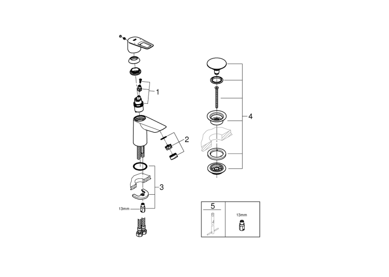 Однорычажный смеситель для раковины Grohe BauLoop New S-Size + нажимной донный клапан (23878001)