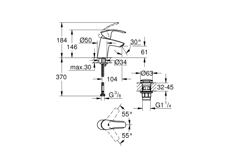 Однорычажный смеситель для раковины Grohe Eurosmart S-Size + нажимной донный клапан (23922002)