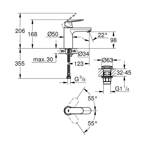 Одноважільний змішувач для раковини Grohe Eurosmart Cosmopolitan M-Size нажимний донний клапан (23926000)