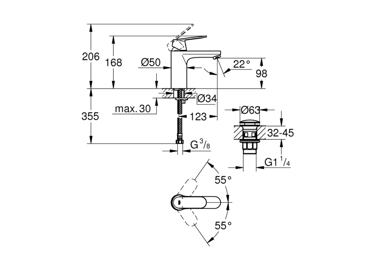 Одноважільний змішувач для раковини Grohe Eurosmart Cosmopolitan M-Size нажимний донний клапан (23926000)