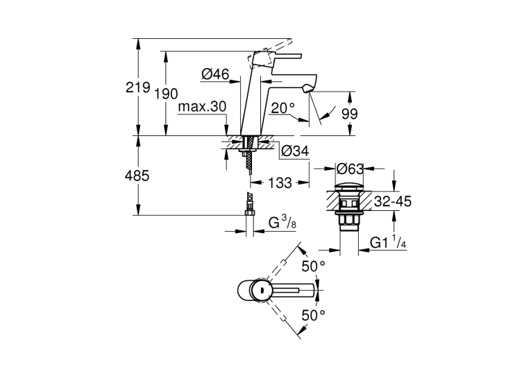 Однорычажный смеситель для раковины Grohe Concetto M-Size + нажимной донный клапан (23932001)