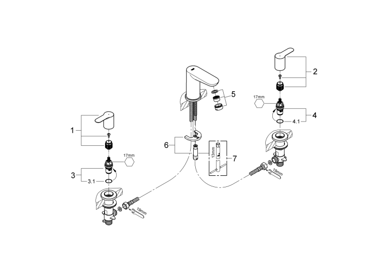 Смеситель для раковины Grohe BauEdge на 3 отверстия (20197000)
