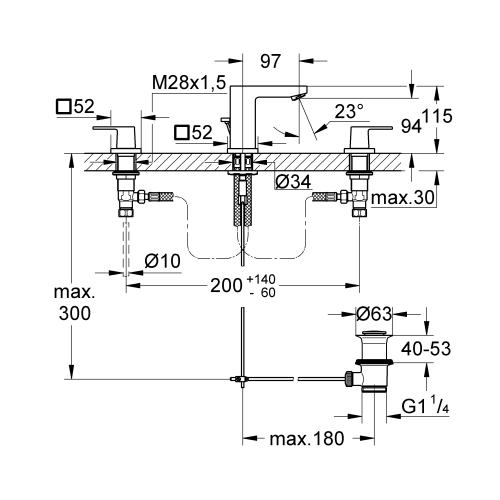 Змішувач для раковини Grohe Eurocube, на три отвори, двухвентильний, S-Size (20351000)