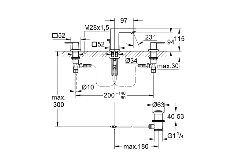 Змішувач для раковини Grohe Eurocube, на три отвори, двухвентильний, S-Size (20351000)