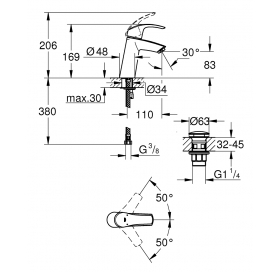 Одноважільний змішувач для раковини Grohe Eurosmart M-Size + нажимний донний клапан (23923002)