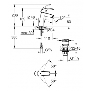 Одноважільний змішувач для раковини Grohe Eurosmart M-Size + нажимний донний клапан (23923002)