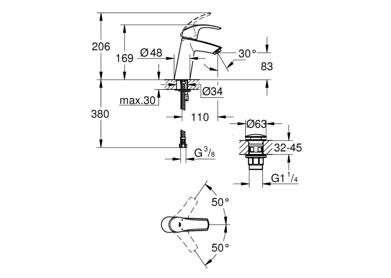 Одноважільний змішувач для раковини Grohe Eurosmart M-Size + нажимний донний клапан (23923002)