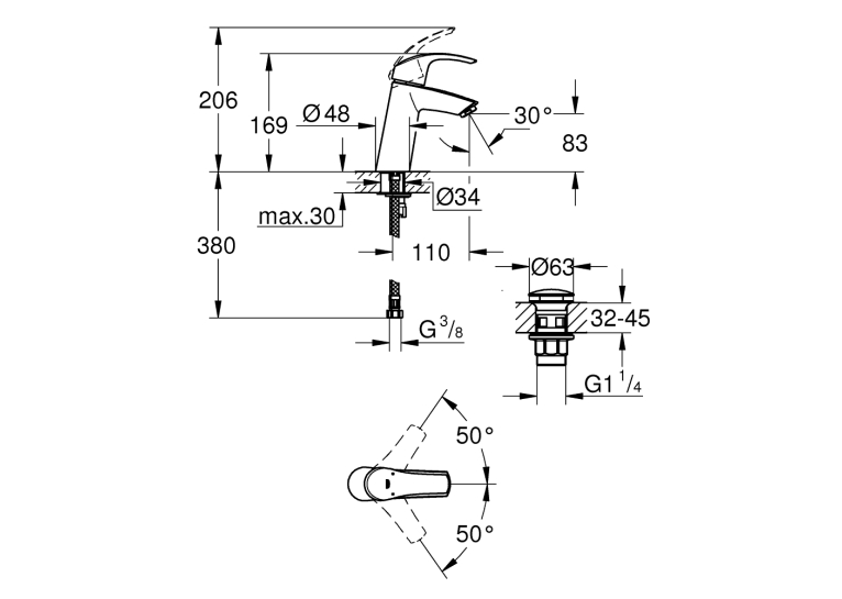 Одноважільний змішувач для раковини Grohe Eurosmart M-Size + нажимний донний клапан (23923002)