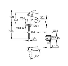 Одноважільний змішувач для раковини Grohe Eurosmart S-Size + нажимний донний клапан (23924002)