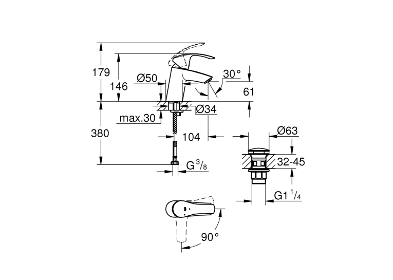 Однорычажный смеситель для раковины Grohe Eurosmart S-Size + нажимной донный клапан (23924002)
