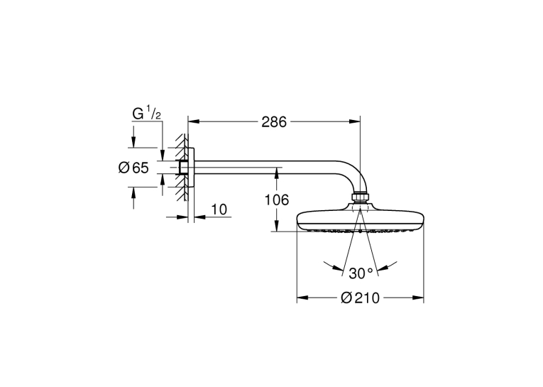 Верхній душ Grohe Tempesta 210 с душовим кронштейном 286 мм, 1 режим струменю (26412000)