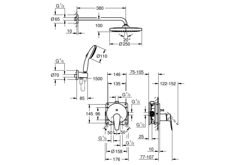 Скрита душова система з Grohe BauEdge Tempesta 250 (25290000)
