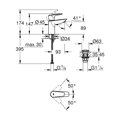 Однорычажный смеситель для раковины Grohe BauEdge New S-Size + нажимной донный клапан (23895001)