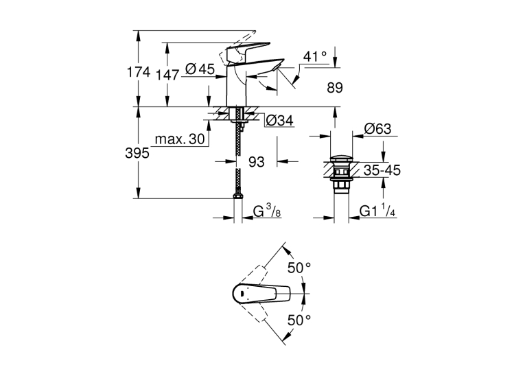 Однорычажный смеситель для раковины Grohe BauEdge New S-Size + нажимной донный клапан (23895001)