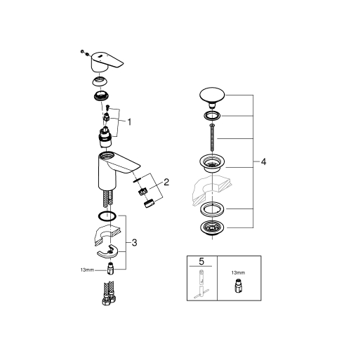 Однорычажный смеситель для раковины Grohe BauEdge New S-Size + нажимной донный клапан (23895001)