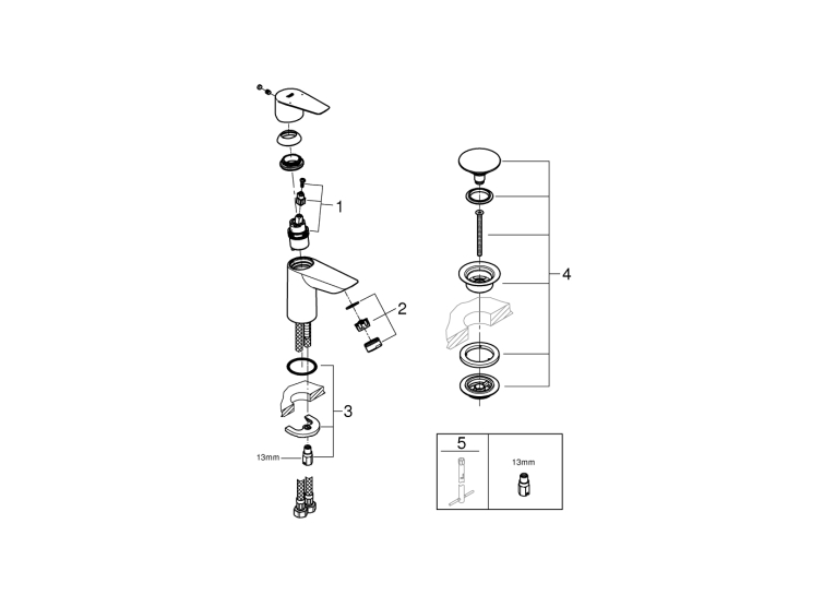 Однорычажный смеситель для раковины Grohe BauEdge New S-Size + нажимной донный клапан (23895001)