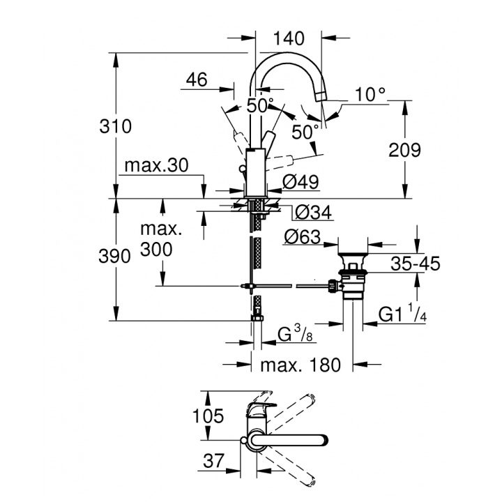 Однорычажный смеситель для раковины Grohe Start Flow L-Size (23811000)