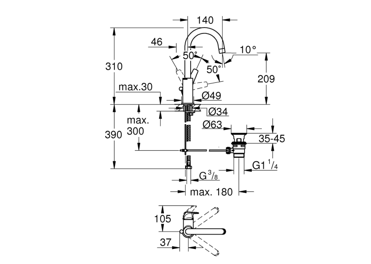 Однорычажный смеситель для раковины Grohe Start Flow L-Size (23811000)