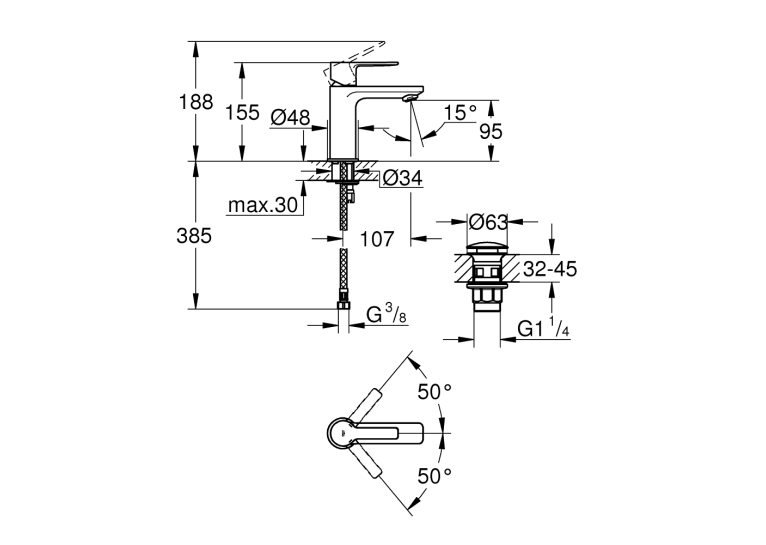 Однорычажный смеситель для раковины Grohe Lineare XS-Size с нажимным донным клапаном (23791DC1)