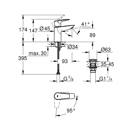 Одноважільний змішувач для раковини Grohe BauEdge New S-Size + нажимний донний клапан (23899001)