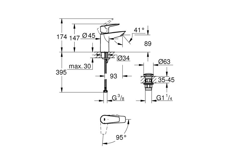 Однорычажный смеситель для раковины Grohe BauEdge New S-Size + нажимной донный клапан (23899001)