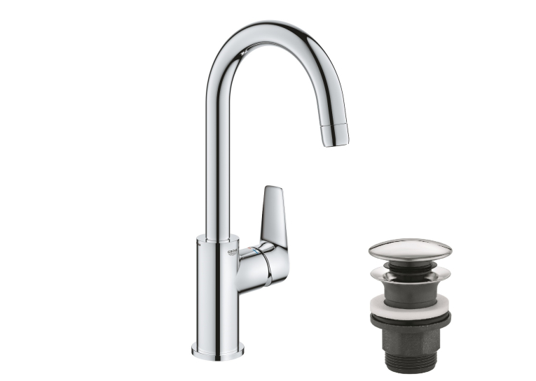 Однорычажный смеситель для раковины Grohe BauEdge New L-Size + нажимной донный клапан (23911001)