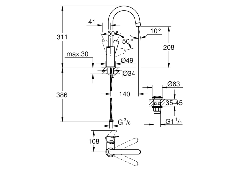 Однорычажный смеситель для раковины Grohe BauEdge New L-Size + нажимной донный клапан (23911001)
