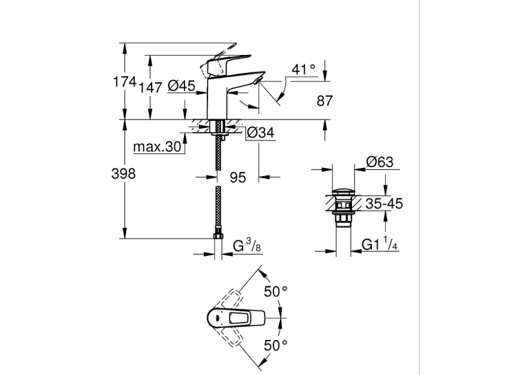 Однорычажный смеситель для раковины Grohe BauLoop New S-Size LowFlow + нажимной донный клапан (23879001)
