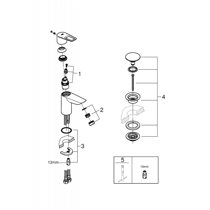 Однорычажный смеситель для раковины Grohe BauLoop New S-Size LowFlow + нажимной донный клапан (23879001)