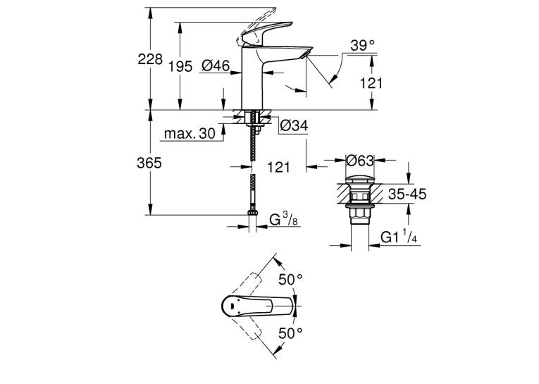 Однорычажный смеситель для раковины Grohe Eurosmart New M-Size + нажимной донный клапан (23923003)