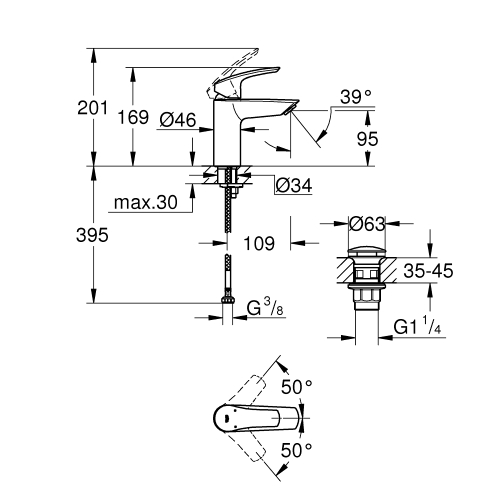 Однорычажный смеситель для раковины Grohe Eurosmart New S-Size + нажимной донный клапан (23922003)