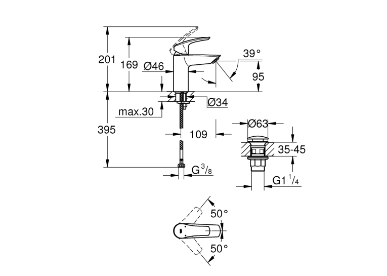 Однорычажный смеситель для раковины Grohe Eurosmart New S-Size + нажимной донный клапан (23922003)