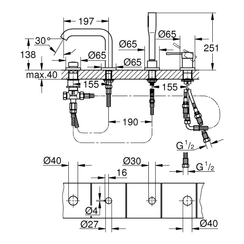 Однорычажный смеситель для ванны на 4 отверстия Grohe Essence (25251GL1) Золото