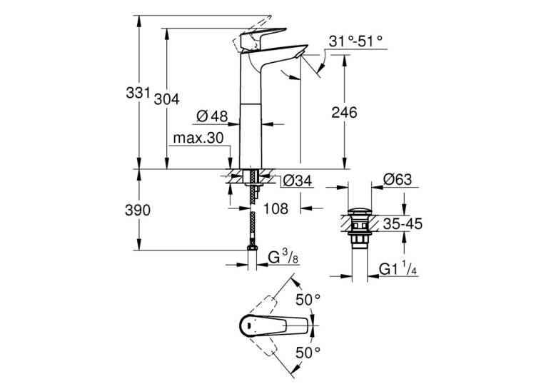 Змішувач на стільницю для раковини XL-розміру Grohe QuickFix Start Edge 23777001