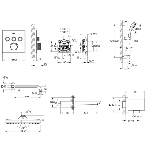 Душевая система скрытого монтажа с термостатом Grohe QuickFix Grohtherm SmartControl&Vitalio Start 250 Cube RU202801C3
