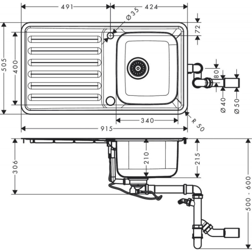 Кухонна мийка Hansgrohe S4113-F340 на стільницю 915х505 із сифоном automatic 43337800