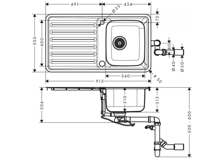 Кухонна мийка Hansgrohe S4113-F340 на стільницю 915х505 із сифоном automatic 43337800