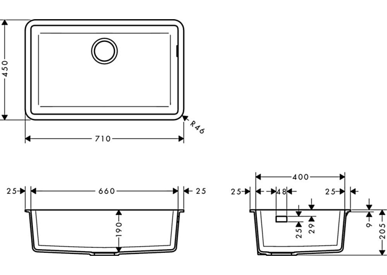 Кухонная мойка Hansgrohe S510-U660 под столешницу 710х450 Graphiteblack 43432170