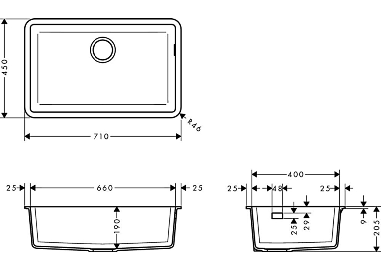 Кухонная мойка Hansgrohe S510-U660 под столешницу 710х450 Graphiteblack 43432170