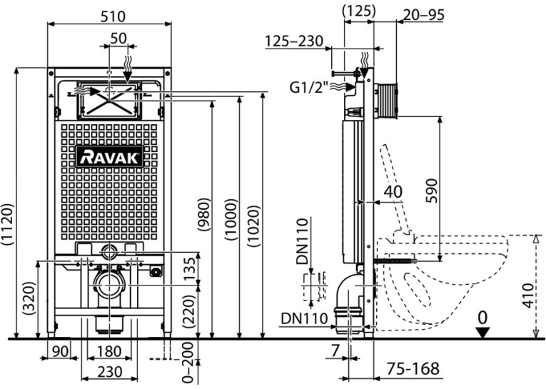 Инсталляция Ravak G II/1120 для установки подвесного унитаза, гипсокартон X01703