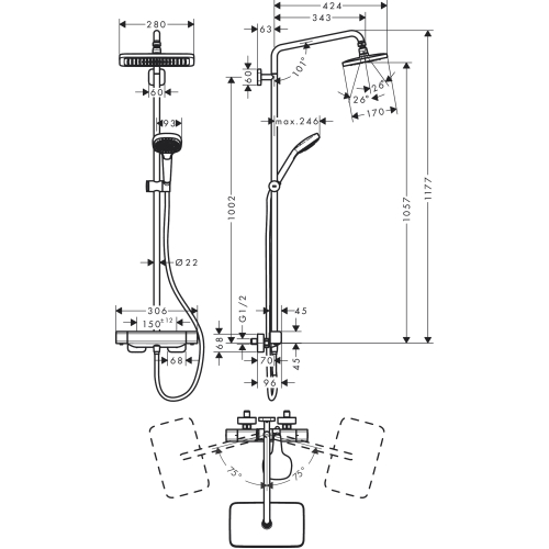 Душевая система с термостатом Hansgrohe Croma E Showerpipe 280 1jet EcoSmart 27660000