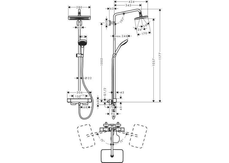 Душова система з термостатом Hansgrohe Croma E Showerpipe 280 1jet EcoSmart 27660000