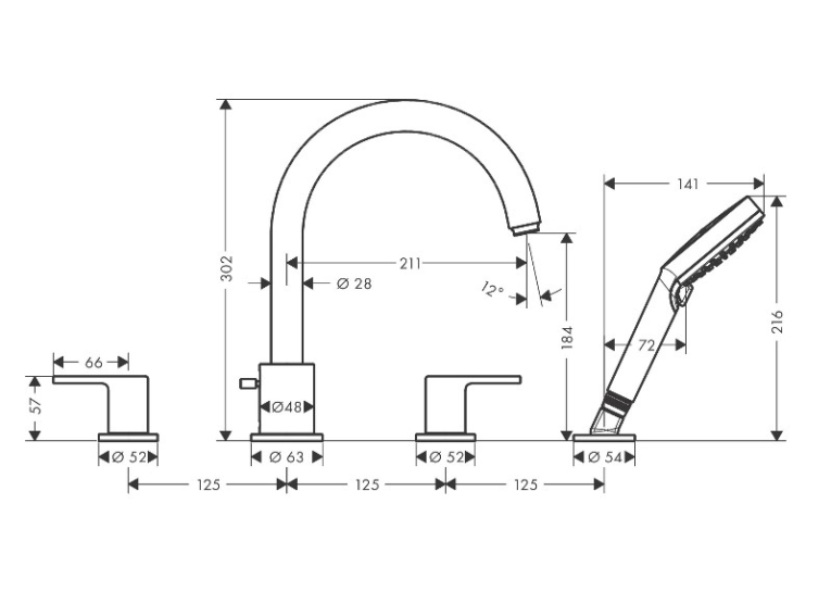 Змішувач на борт ванни Hansgrohe Vernis Shape з душовим гарнітуром 71459000 хром