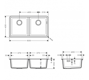 Кухонна мийка під стільницю Hansgrohe S510-U770 дві чаші 370/370 Graphiteblack 43434170