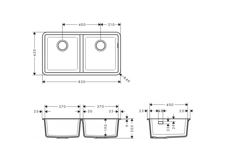 Кухонна мийка під стільницю Hansgrohe S510-U770 дві чаші 370/370 Graphiteblack 43434170