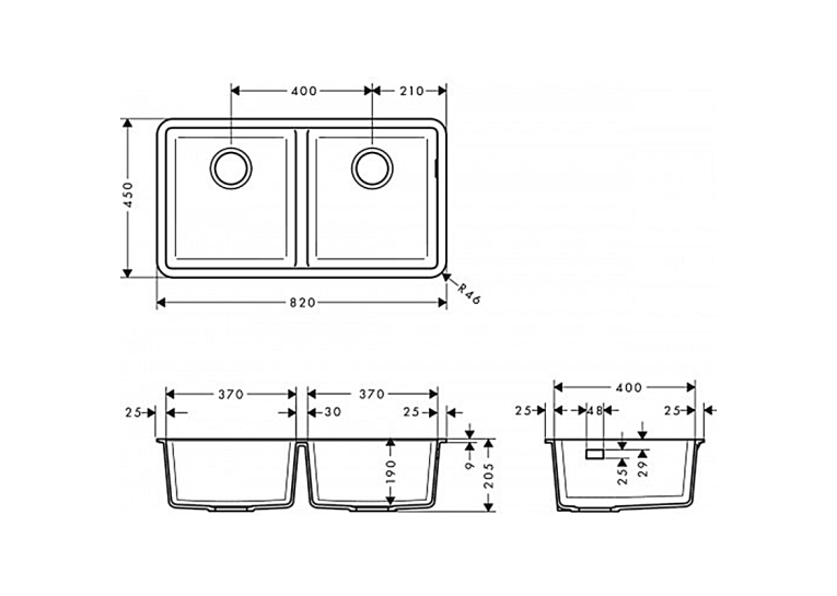 Кухонна мийка під стільницю Hansgrohe S510-U770 дві чаші 370/370 Stonegrey 43434290