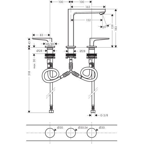 Смеситель для раковины на 3 отверстия Hansgrohe Metropol Chrome 32515000