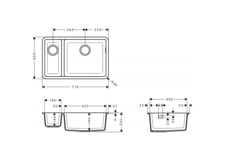 Кухонная мойка под столешницу Hansgrohe S510-U635 две чаши 180/450 Stonegrey 43433290